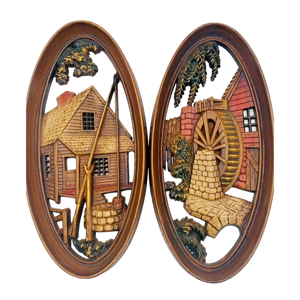 2 Vintage MCM Burwood Oval Wall Hangings USA Water Wheel and Wishing Well